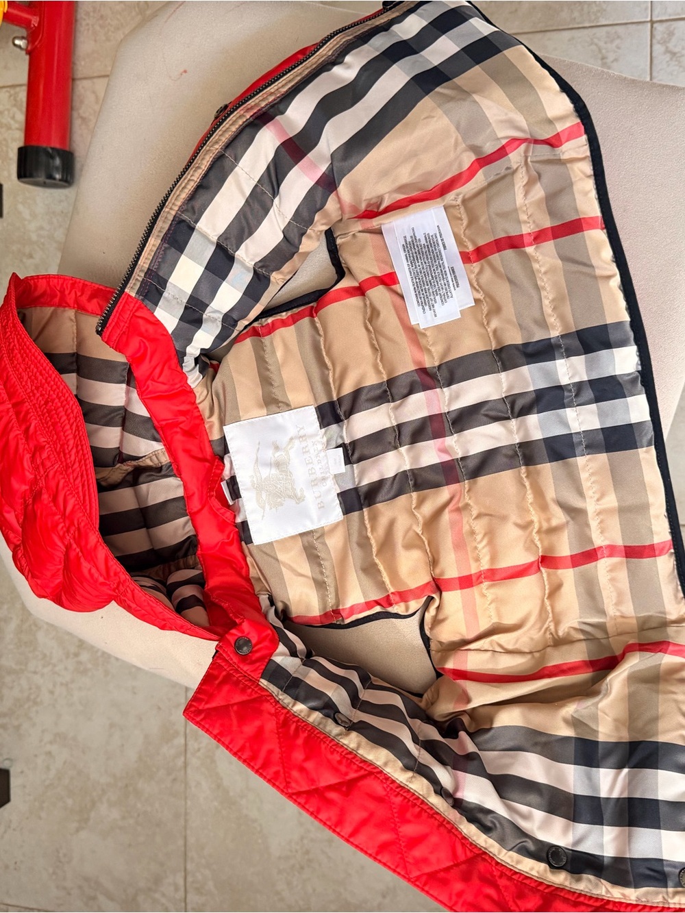 Burberry Red Puffer Vest with Signature Check Lining